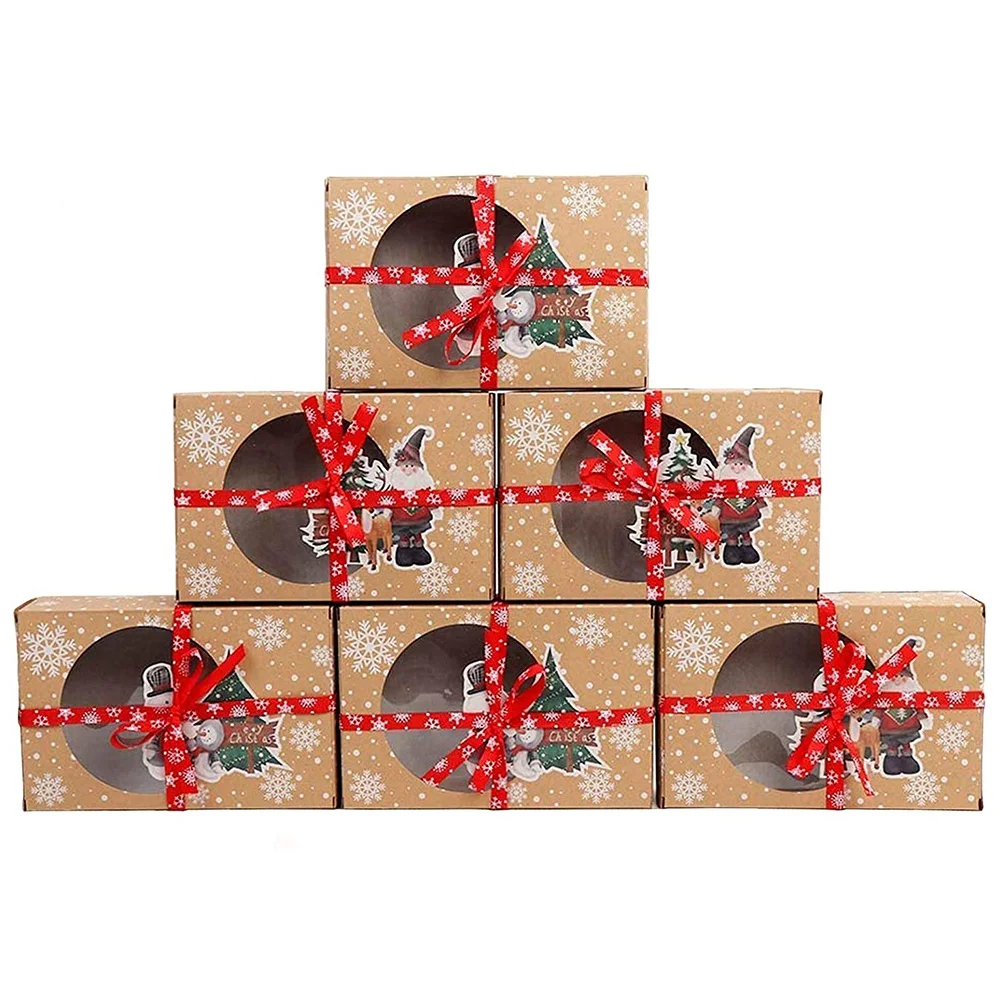 

12Pcs Christmas Cookie Box Food Safe Kraft Paper Baking Box for Packaging Cakes Pastries At Christmas Parties Set