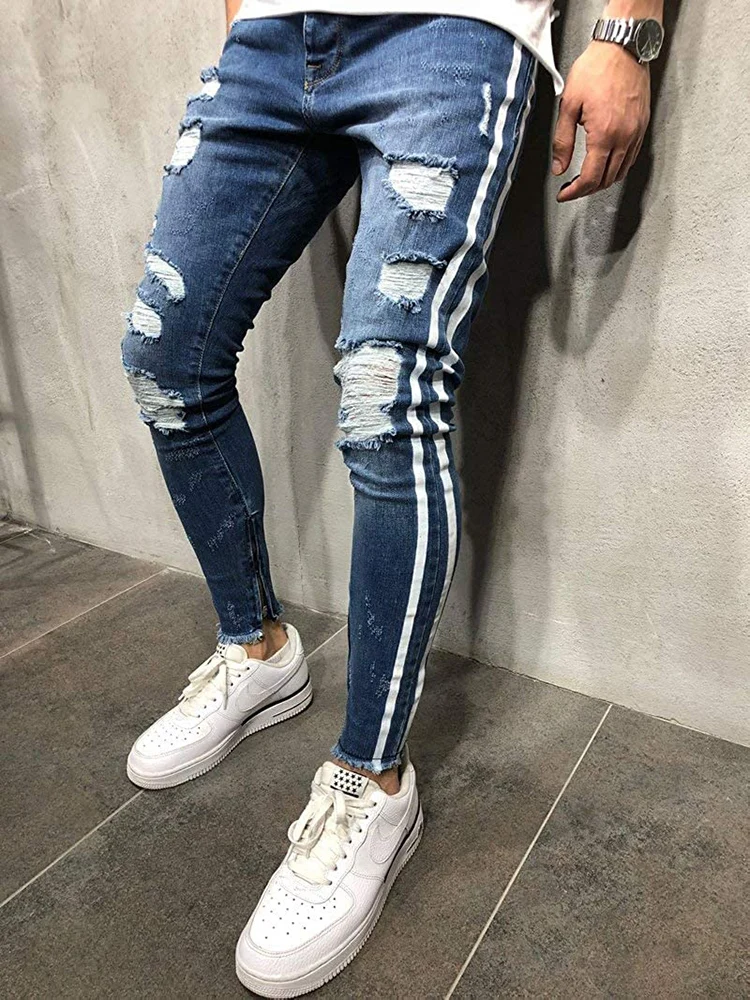 New Ripped Men Jeans Fashion Side Patchwork Skinny Slim Fit Blue Hip Hop Denim Trousers Male Casual Pants pantalones de hombre