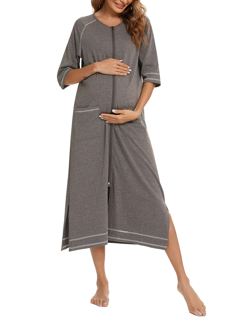 

Women Comfortable Nightdress Short Sleeve Crew Neck Zip-up Slit Long Dress Sleepwear Loungewear with Pockets Sleepshirts