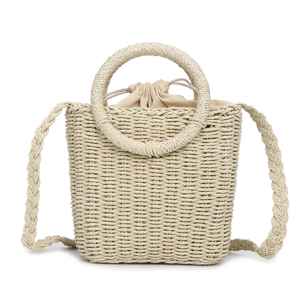 

Женская Плетеная соломенная сумка, вместительная Летняя Пляжная сумка через плечо с круглой ручкой и кольцом, для покупок и вечеринок