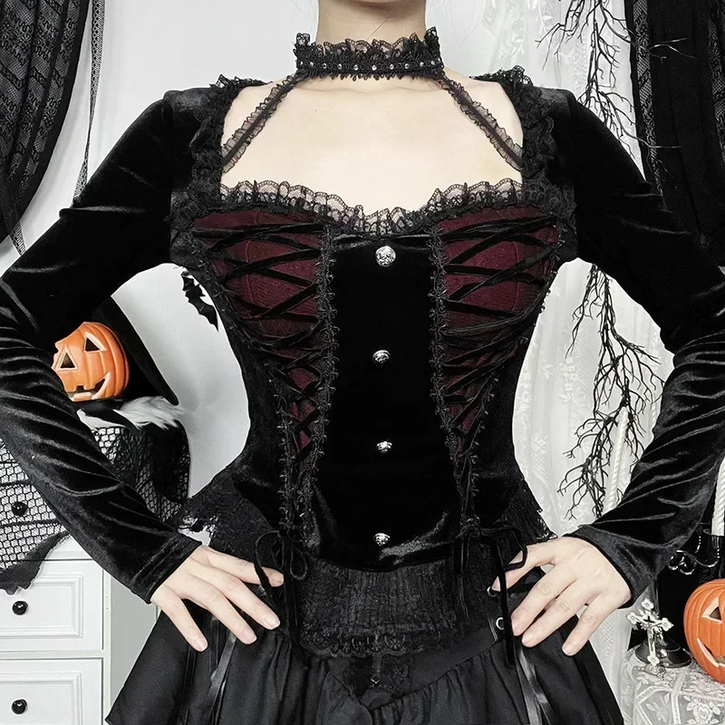 Новинка 2025 года винтажные темно-осенние бархатные мягкие укороченные топы с