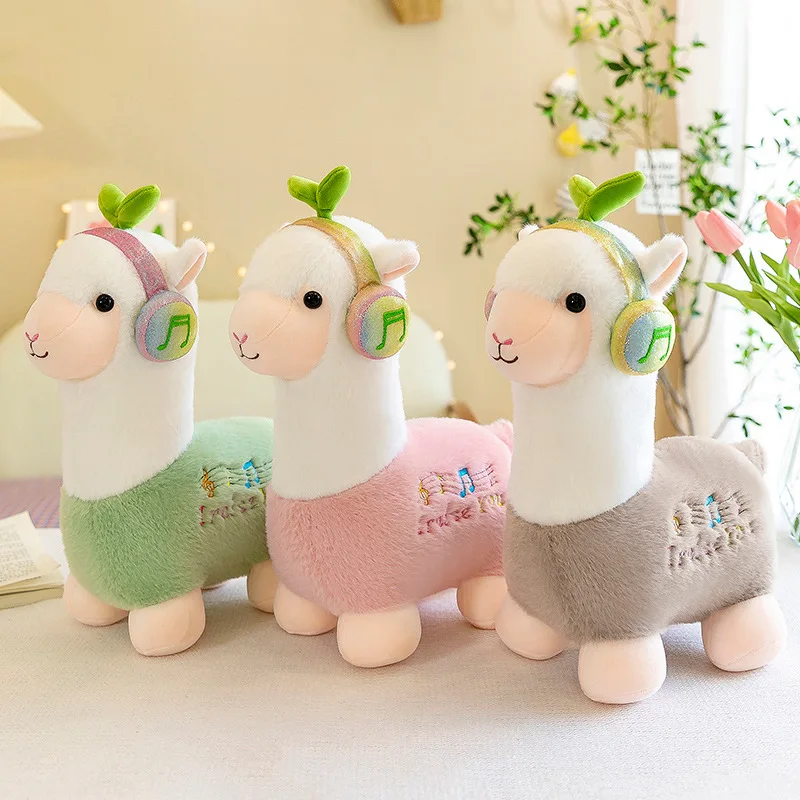 

23-70cm Kawaii Stuffed wearing headset alpaca plush Pink Sheep Toy Cute Fuzzy Long Plush Animal Standing Lying Alpacas Gifts