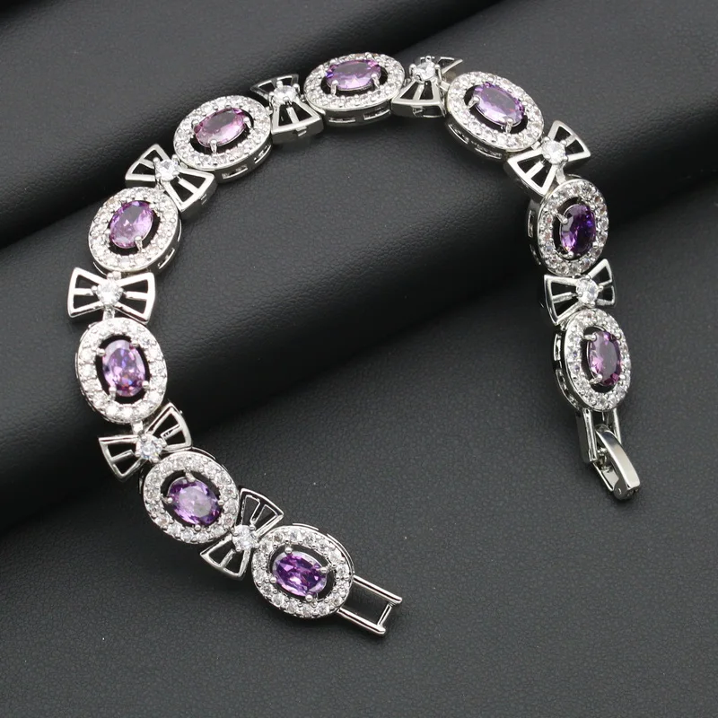 Женский ювелирный комплект колье и браслет с подвеской из серебра фиолетовым