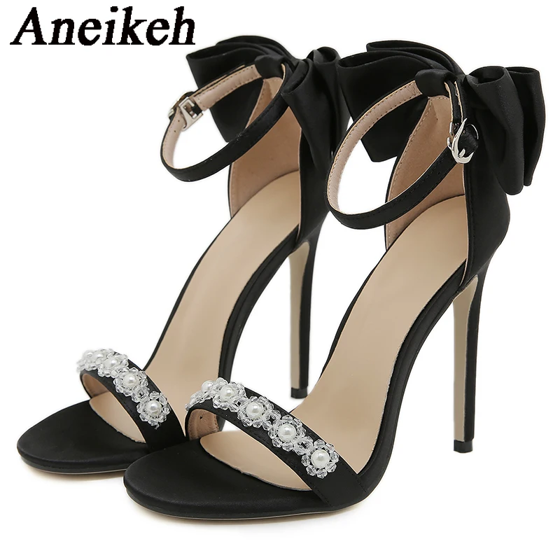 Aneikeh Летняя мода жемчуг открытый носок шелк атлас ремешок на щиколотке розовый