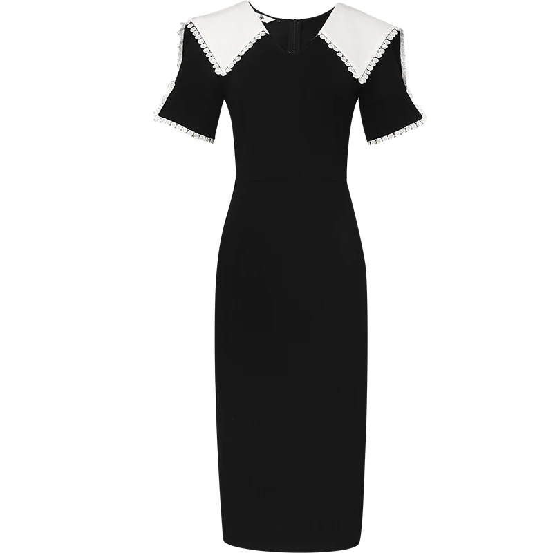 

French style elegant black slim dress women hit color stitching package hip pencil dress
