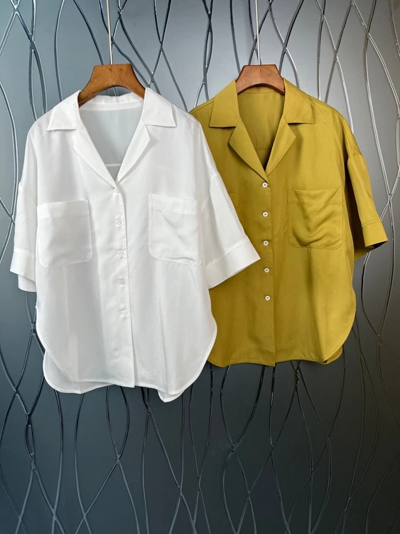 

2022 new women fashion short-sleeved sexy solid color loose arc hem casual high-end top shirt