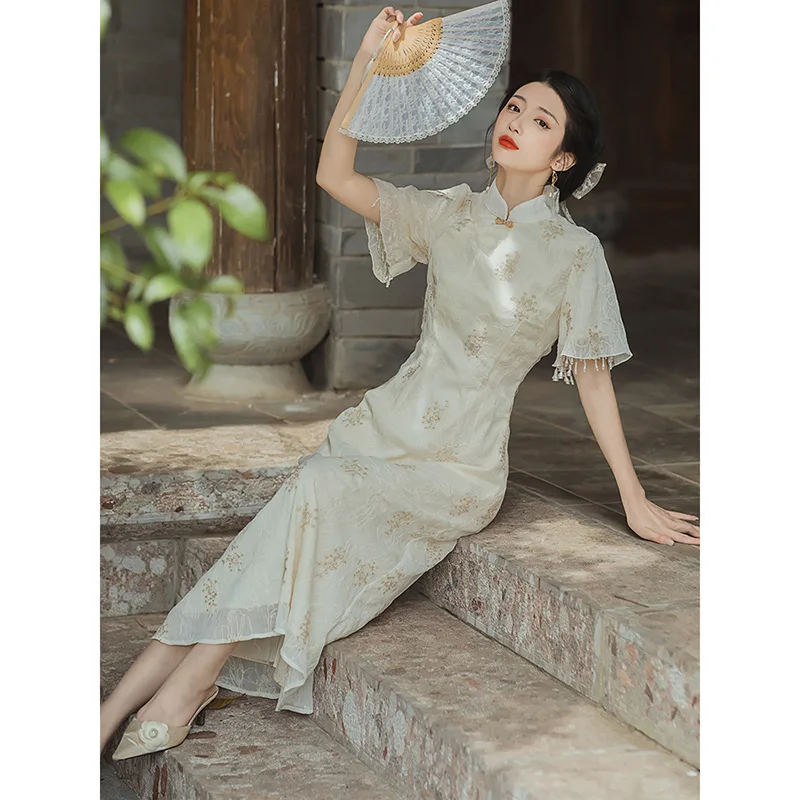 Summer A-Line Cheongsam Embroidery Ruffle Sleeve Vintage Dress Slim Costumes Elegant Lined Beige Qipao S To 2XL