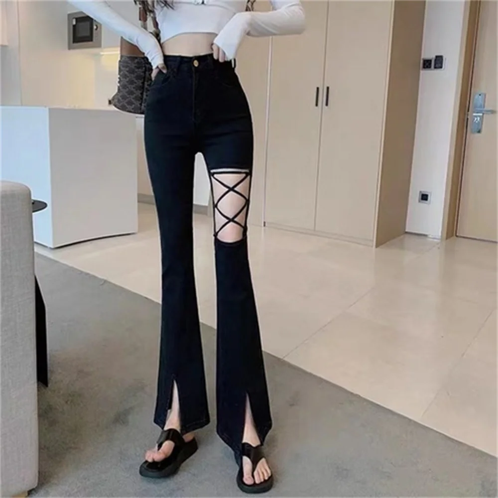 Vintage Y2K Black Skinny Jeans Slightly Ragged Jeans Hollow out High Waist Slim Front Split Floor Pants Gothic Pants