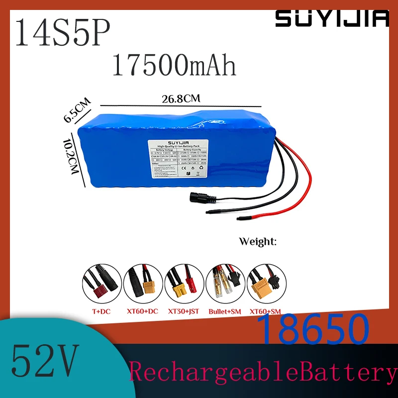 

14S5P 52V 17500mah 18650 Lithium Batteries Pack Built-in Smart BMS for E-Bike Unicycle Scooter Wheel Chair with 58.8V 2A Charger