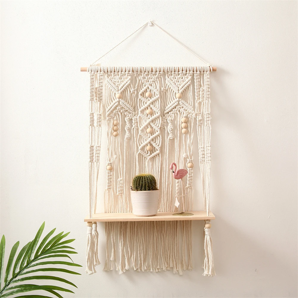 

Boho Wall Macrame Tapestry Floating Wood Shelf Bohemian Wall Decor Plant Shelf Rack Woven Rope Tapestry for Bedroom Living Room