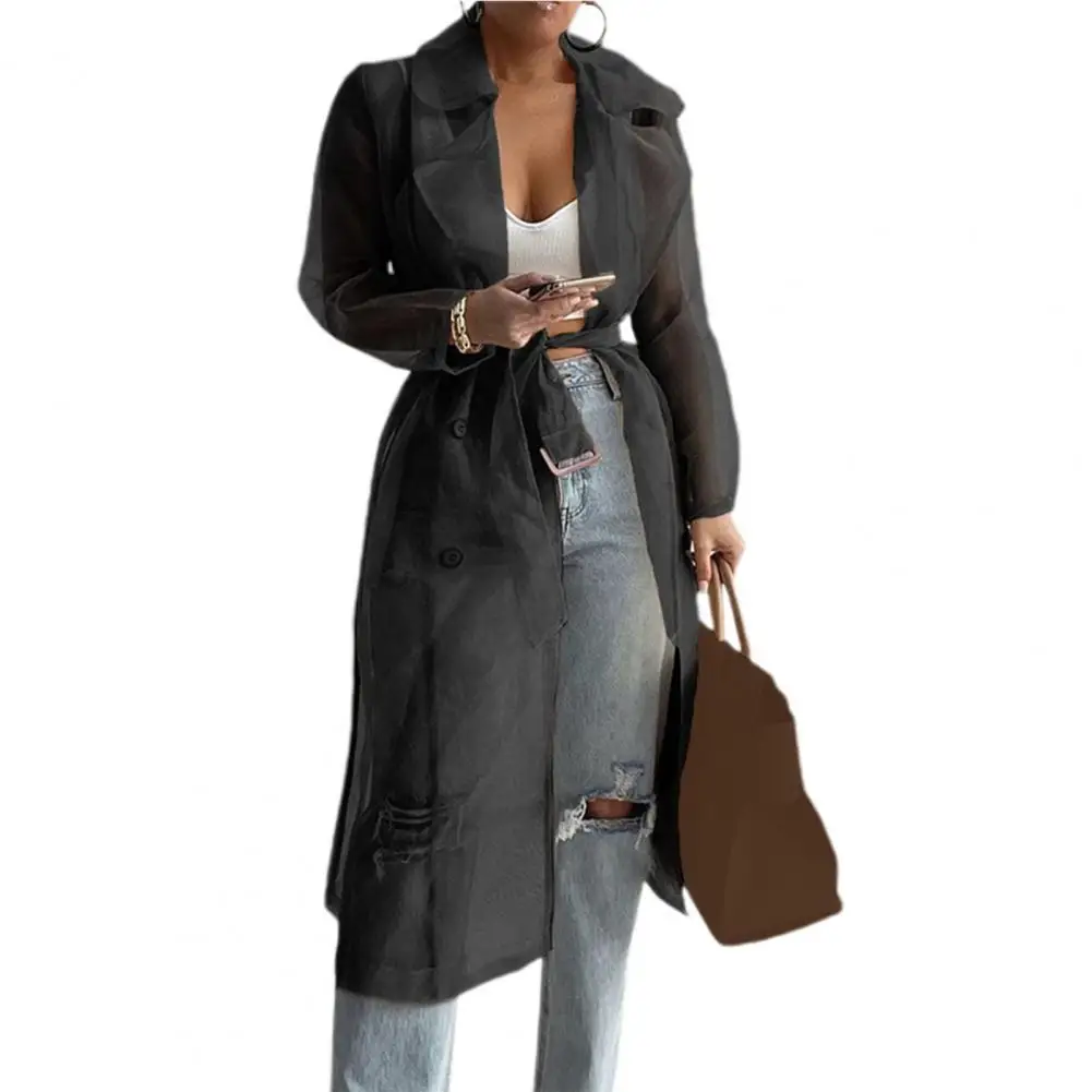 

Shirt Coat Net Yarn See Through Spring Summer Lace-up Long Shirt for Daily Wear