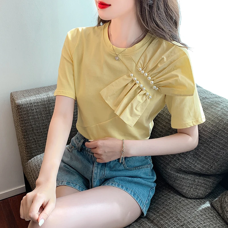 

2022 Summer Beaded Tops Tees Women Creative Bow New Design French Style Pearls Butterfly Short Sleeve Female Cotton T-shirt Chic