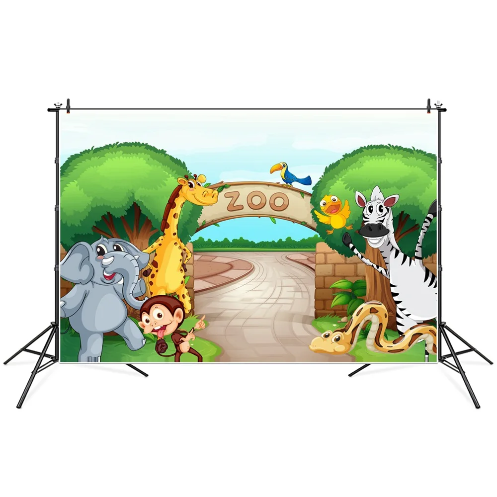 

Jungle Safari Zoo Animals Arch Gate Elephant Zebra Photography Backgrounds Custom Baby Birthday Party Decoration Photo Backdrops