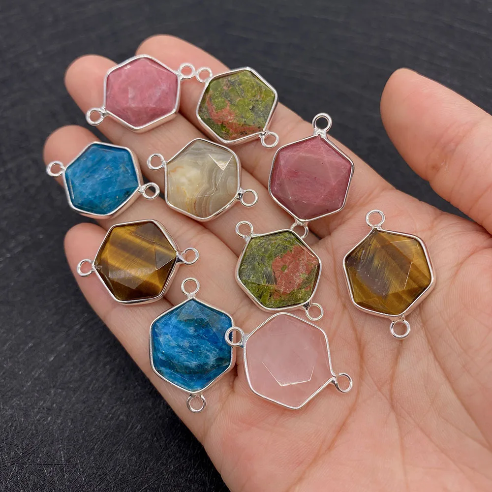 

Natural Stone Hexagon 18x27mm Pendant Crystal Metal Flat Men and Women DIY Gift Necklace Earrings Double Hole Connector