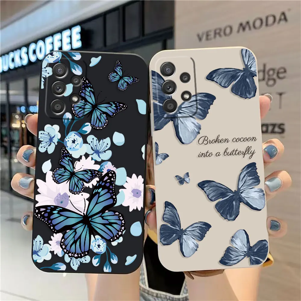 

Case For Samsung Galaxy A91 A73 A72 A71 A52 A51 A33 A31 A02S AO3S 4G 5G Colour Liquid silicone Case Pretty Blue Purple Butterfly