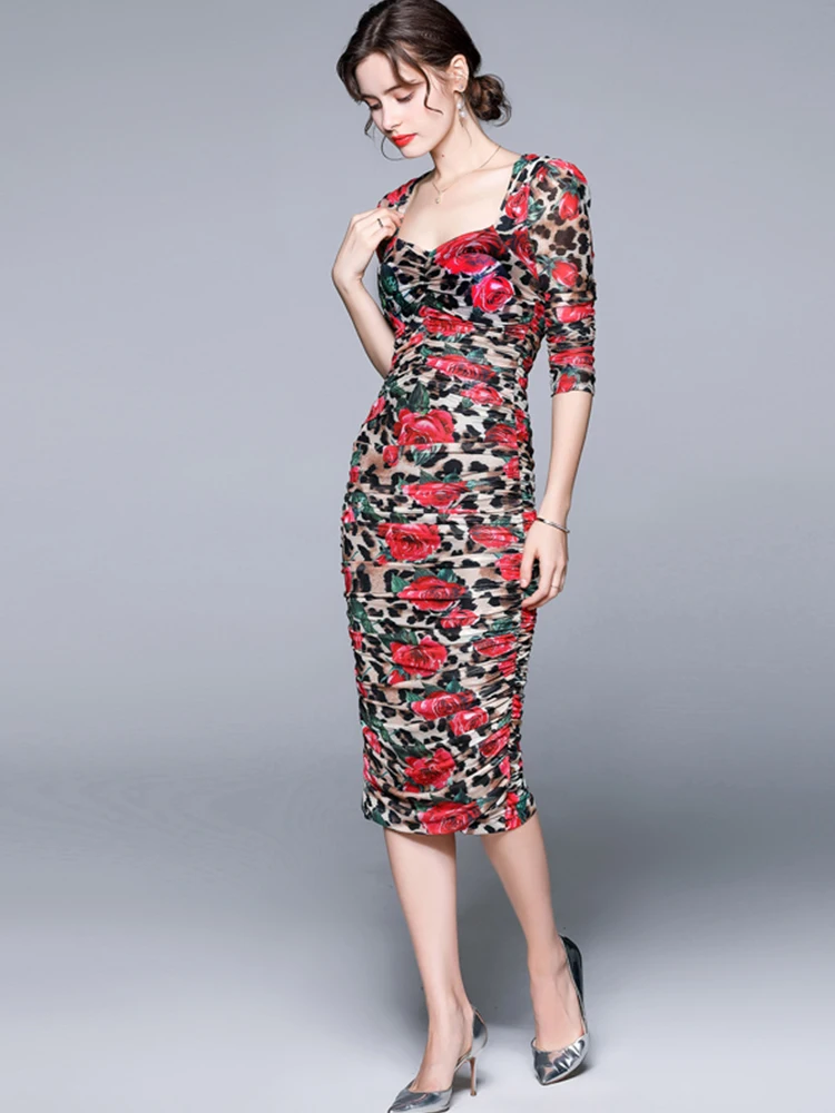 

FMFSSOM Summer Women Rose Print Square Collar Puff Sleeve Elastic Folds Vestidos Mesh Ruched Sheath Midi Dresses