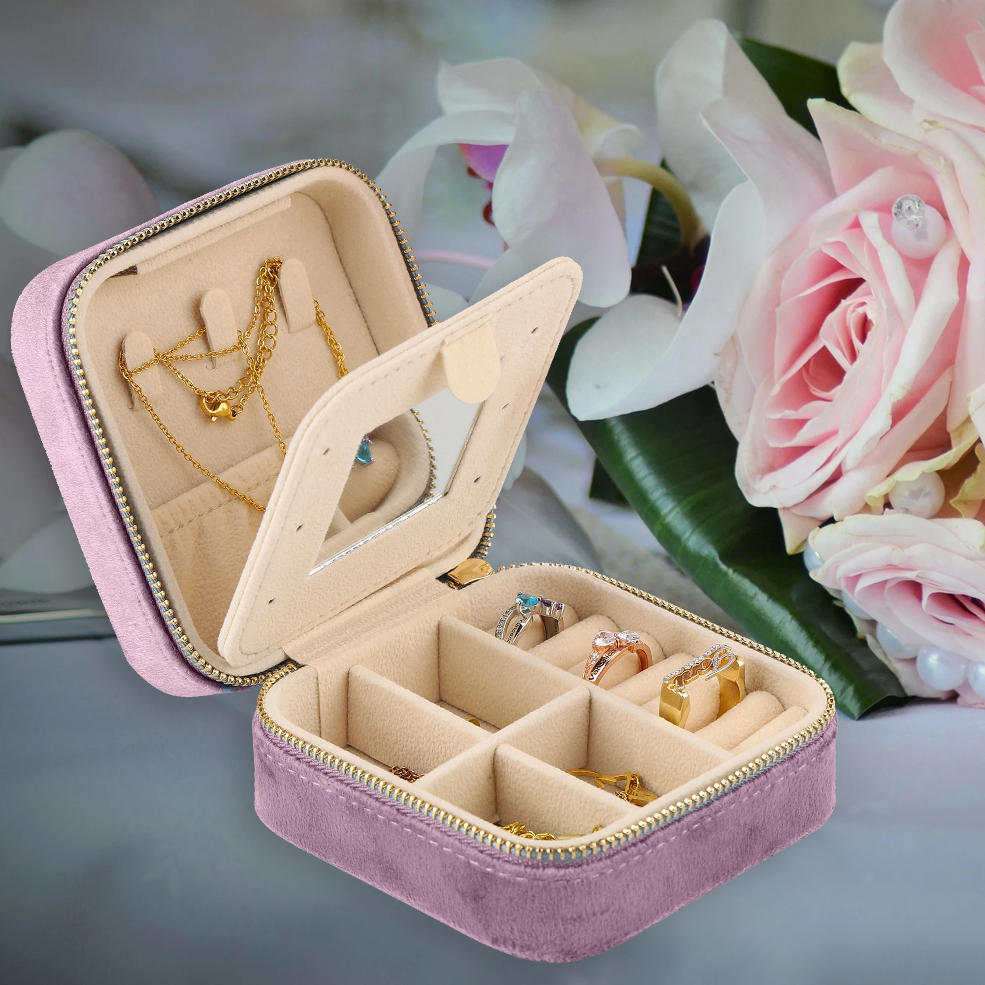 Customized birthday flowerPortable Jewelry Storage Box Travel Organizer Jewelry Case Leather Storage Earrings Necklace Ring Jewe