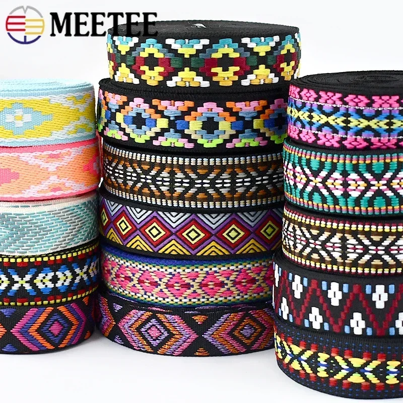 

5/10M Meetee 22mm Ethnic Polyester Jacquard Webbing Strap for Bag Belt Ribbons Tape DIY Garment Bias Binding Sewing Accessories