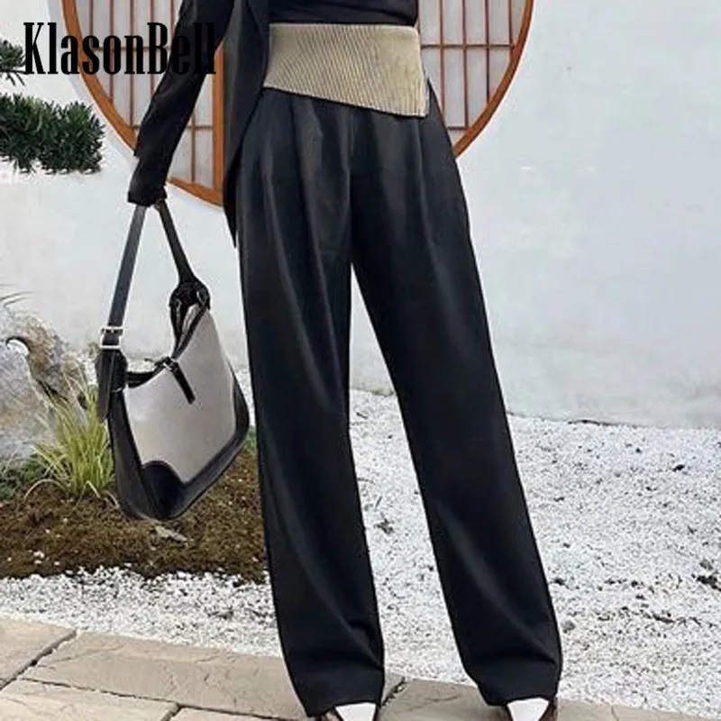 

8.23 KlasonBell Fashion Wool Knitted High Waist Spliced Black Side Zipper Loose Straight Pants Women