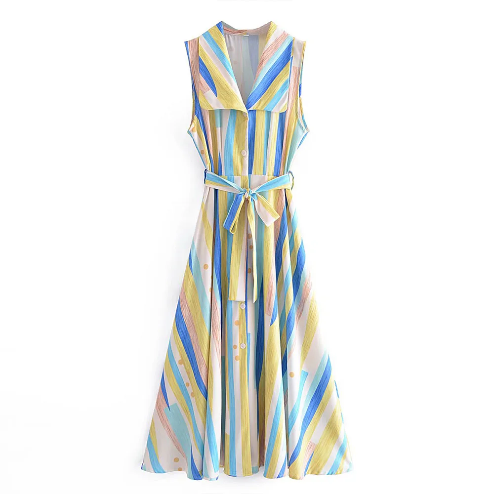 

ZATRHMBM summer dresses women 2022 stripe single-breasted lapel chic and elegant woman dress Matching Belt sleeveless long Skirt