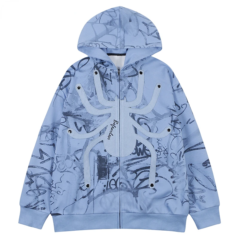 

Осенние мужские толстовки на молнии, куртки, хип-хоп, патч-паук, вышивка, граффити, уличная одежда, Харадзюку, повседневные модные толстовки с капюшоном