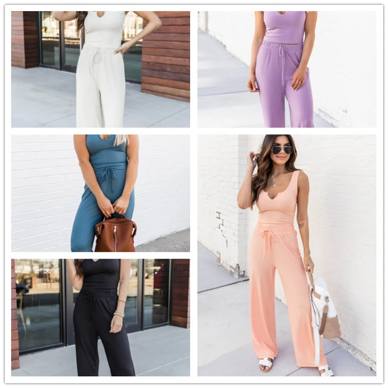 2022 European and American New Casual Ribbed Knitted Camisole Solid Color Wide Leg Pants Suit
