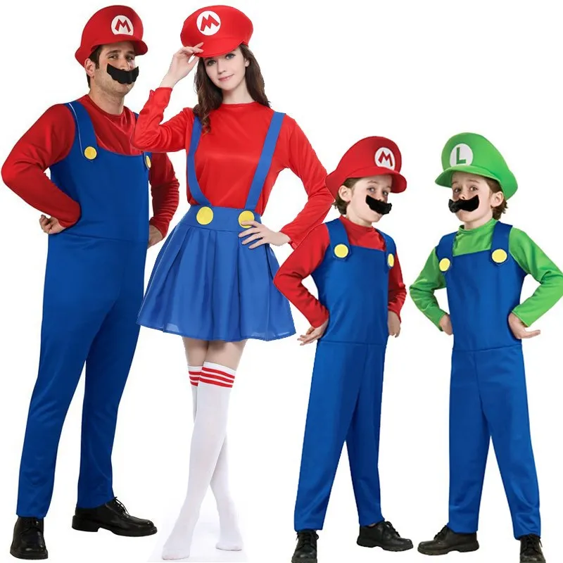 Super Luigi Mari Brothers Costumes Cosplay Jumpsuit Mari LUIGI Bros Family Adult Kids Halloween Costume Fancy Party Dress Suit