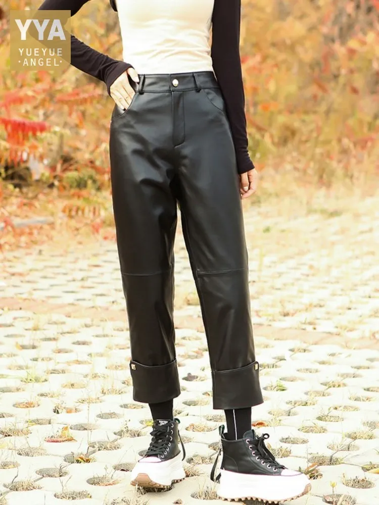 

Leather Spring Genuine Autumn Loose Pants Women Casual Ankle Length Trousers Office Ladies Button Fly Straight Sheepskin Pants