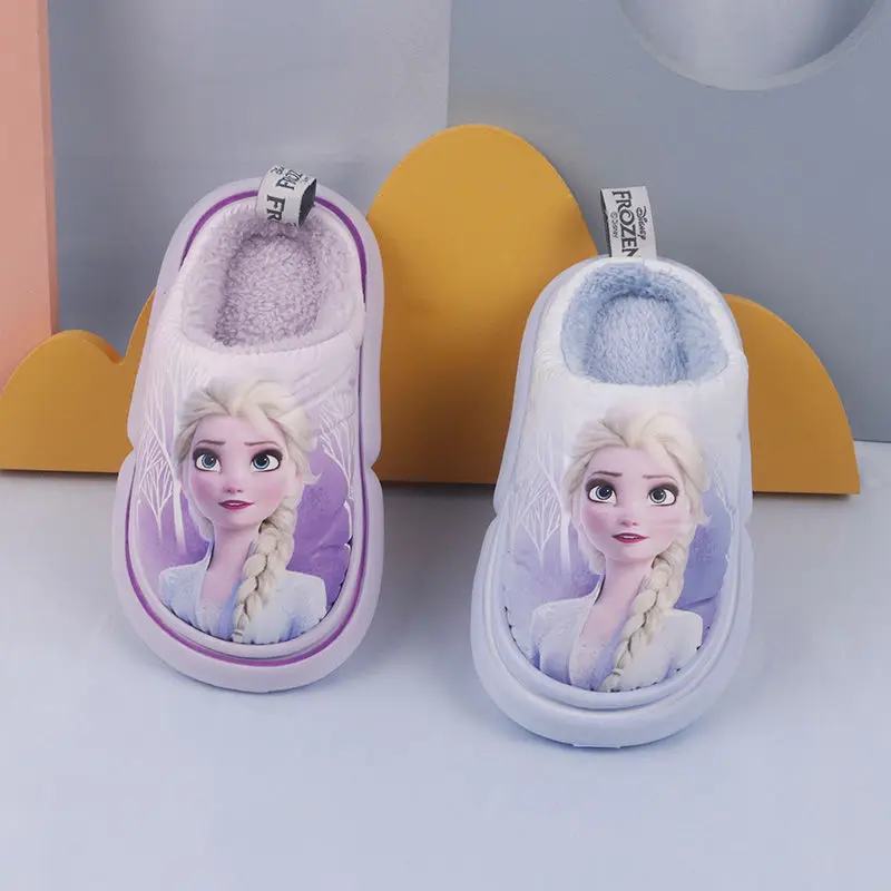 

Disney Children's Cotton Slippers Frozen Girls' Princess Elsa Home Anti slip EVA Winter Fur Cartoon Blue Purple Shoes Size 26-37