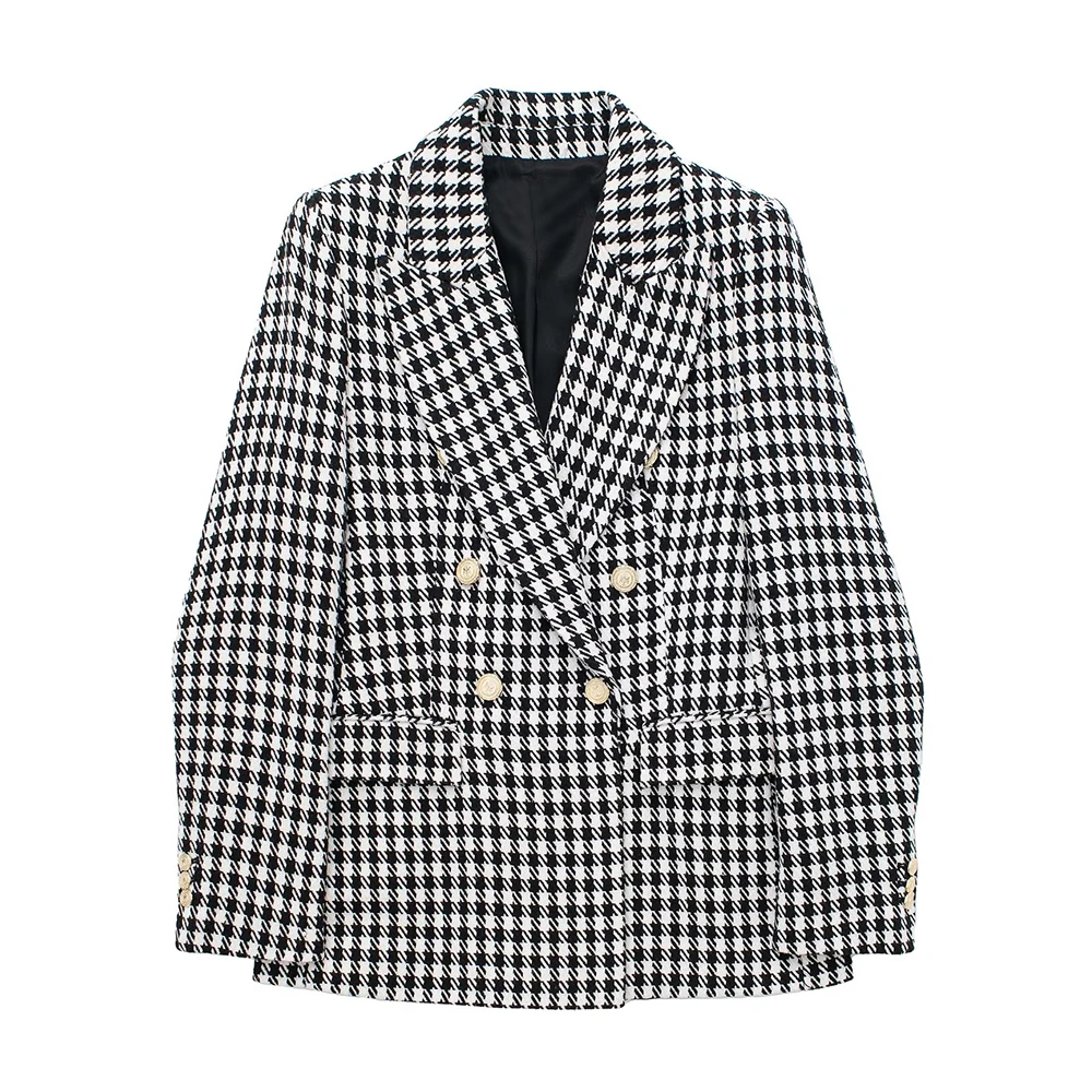 

WOMEN TRAF New 2022 Double Breasted Plaid Suit Jackets Temperament Office Flap Pocket Slim Fit Female Blazer Mujer 7553509 093