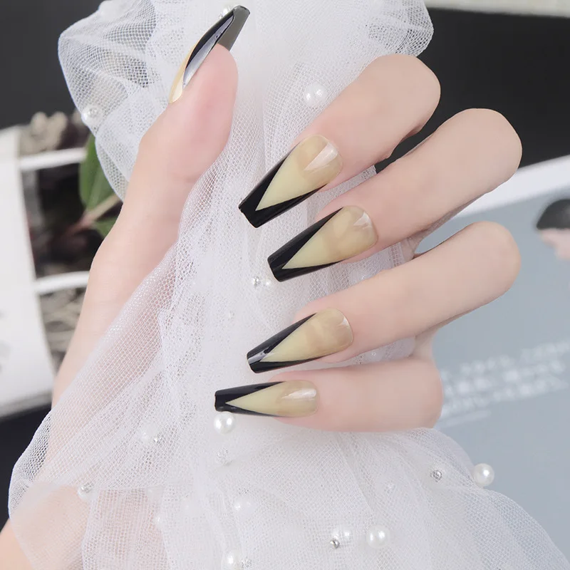 

American Punk Style Ballet French Pure Color with Black V Pattern False Nails 24pcs with Glue Lady Full Nail Tips Fake Nails