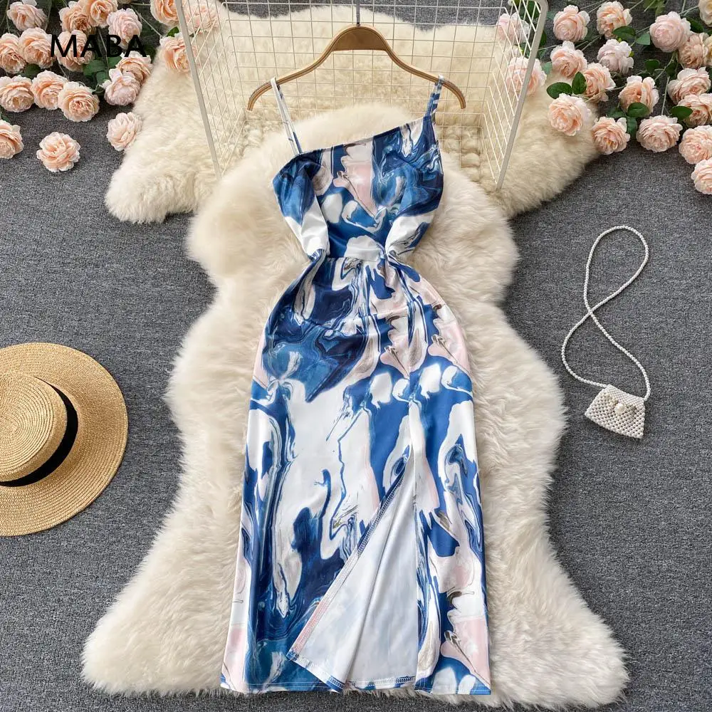 

Summer Side Slit Leg Dress 2022 Women Sexy Off Shoulder Fashion Vestidos Spaghetti Strap Dress Elegant Party Blue Slim Dresses
