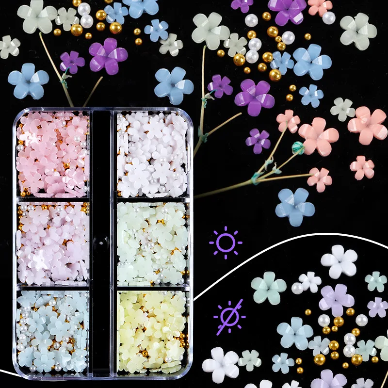 

6 Grids/box Color Change UV Light Charm Nails Decorations Acrylic Floral Flowers Manicure Set Nail Art Accesoires Suplies