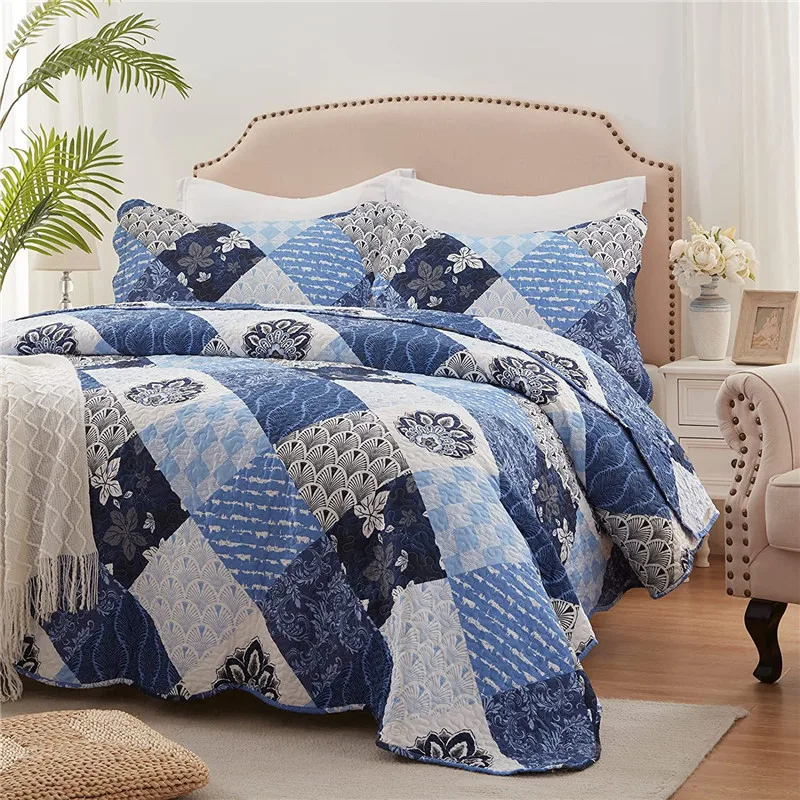 

American Home Quited Bedspread Set 3pcs Patchwork Polyester/Cotton Duvet Blanket Linen Quilt Coverlet Cubrecam Bed Cover Colchas