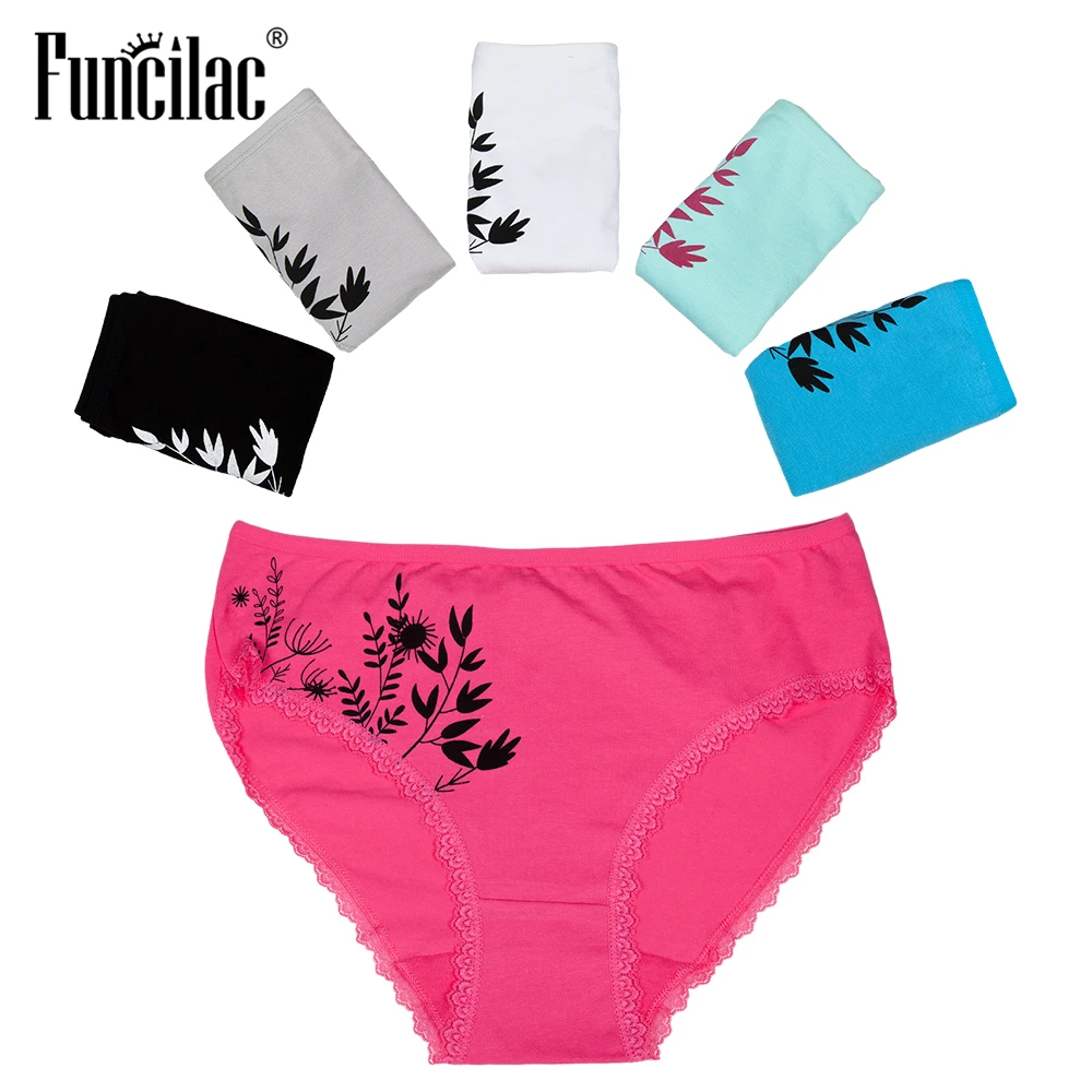 FUNCILAC Plus Size Underwear Women Sexy Lace Briefs Print Panties Cotton Crotch Mid-Rise Good Quality Lingerie 2XL-4XL 6 Pcs/lot