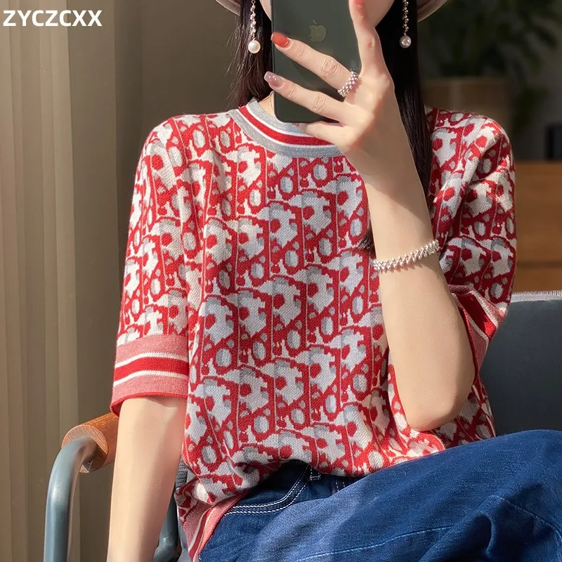 

ZYCZCXX Fine Spun Pure Wool Vintage Women's O-neck Knitted Half-sleeve T-shirt Women's Jacquard Knitted Short Sleeve Summer New.