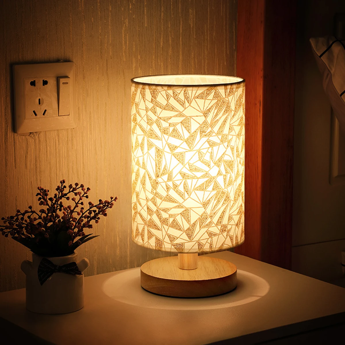 

Linen Table Lamp Touch Control LED Night Lamp Dimmable Linen Nightstand Lamp w/Warm White Light USB Powered Wooden Beside Lamp