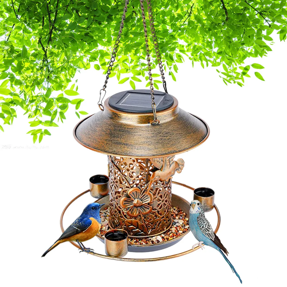 

Solar Bird Feeder Metal Hanging Humming Bird Feeder Bird House with LED Lights for Garden Yard Outdoor Decoration Feeder Tool