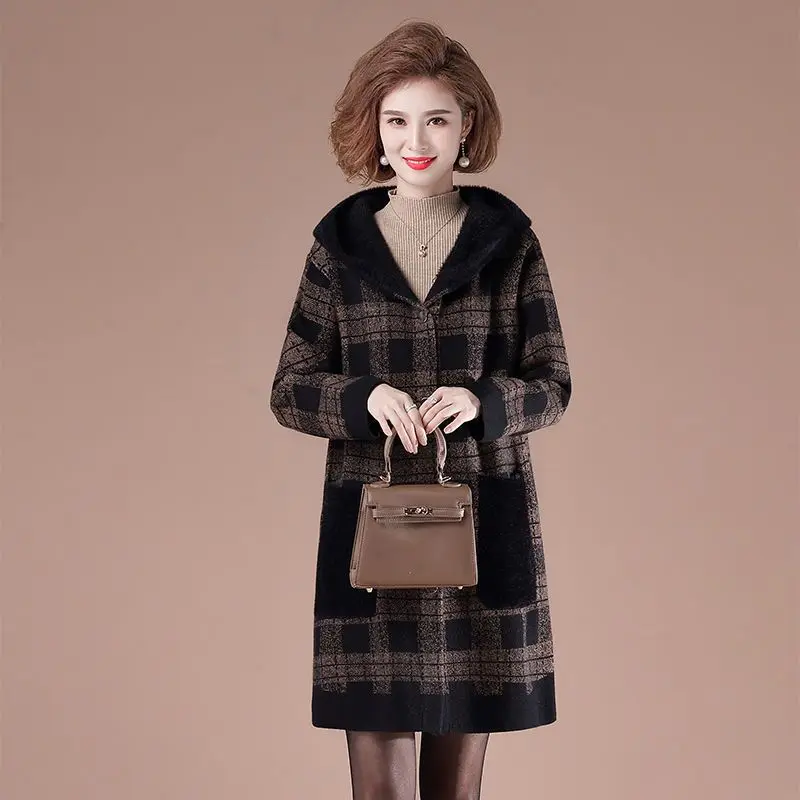 Cardigan Coat Outerwear Female Autumn and Winter Wear Medium length Upper Garments Junior Hooded Long Sleeve Plaid Coat Women