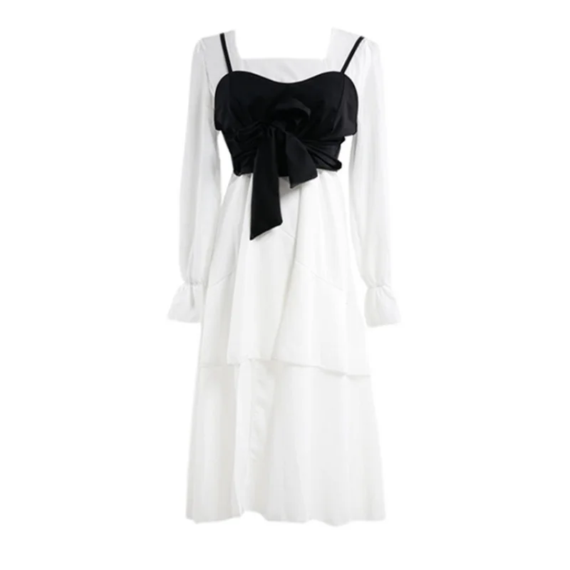 

Sweet Style False 2 Pieces Chiffon Women Dresses Summer Design 2022 Square Collar Puff Flare Sleeved Slim Elegant Female Pulls
