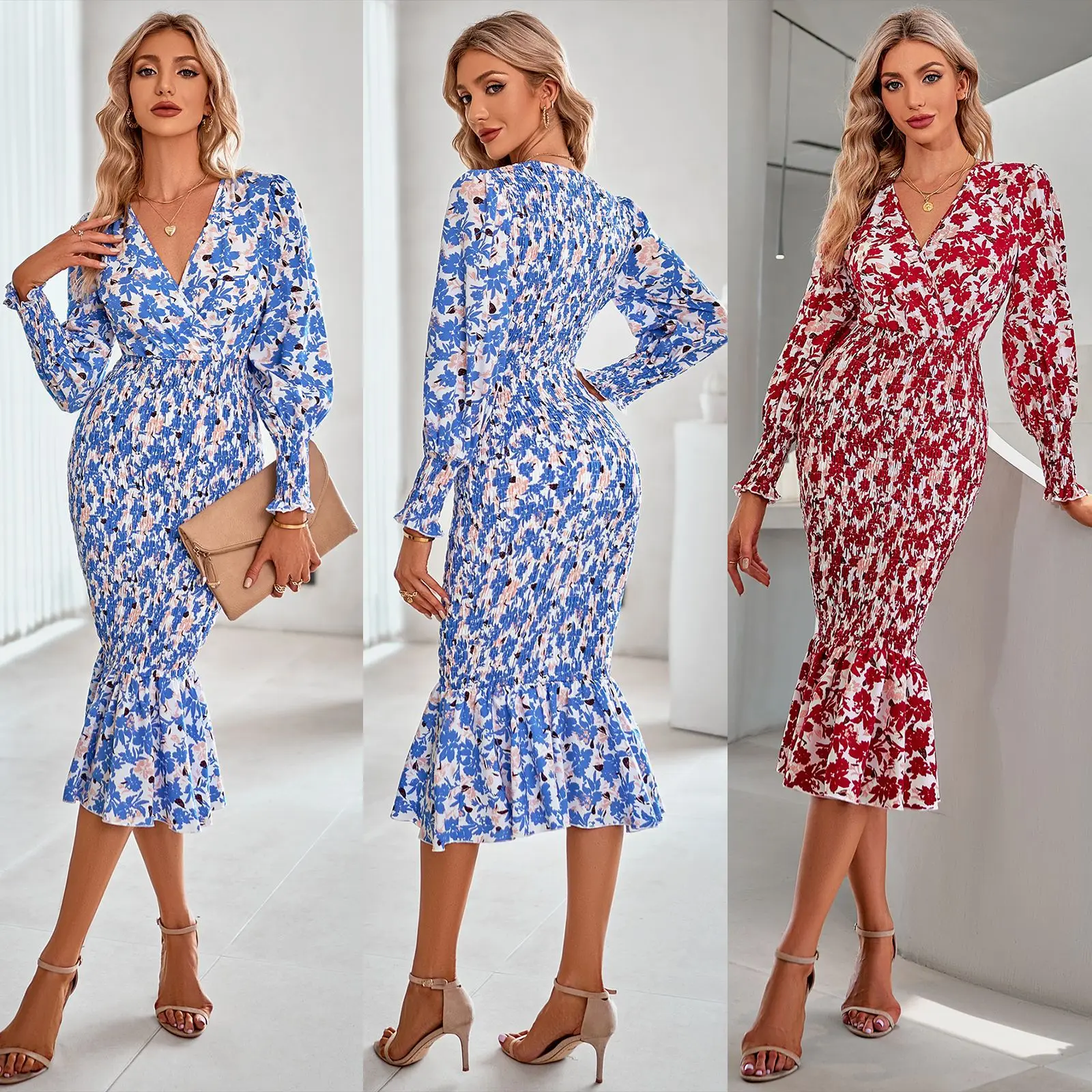 

Женское платье с длинным рукавом, V-образным вырезом и принтом