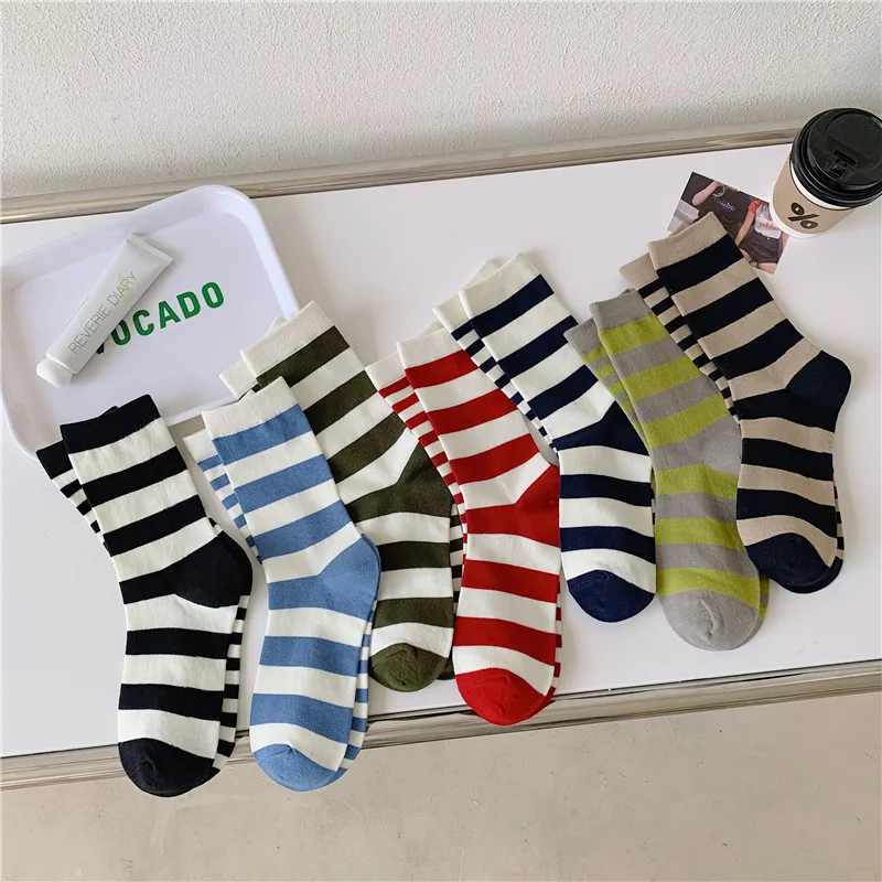 

Japanese Striped Women's Socks Fashionable and Minimalist Korean Mid Tube Socks College Style Sports Cotton Socks for Women