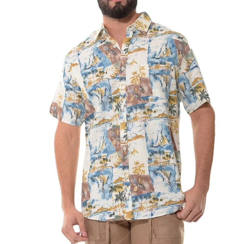 Men's Shirt Summer Beach Vacation Loose Print Cardigan Shirt Men's Casual Short Sleeve Single-Breasted Turn-down Collar Shirt