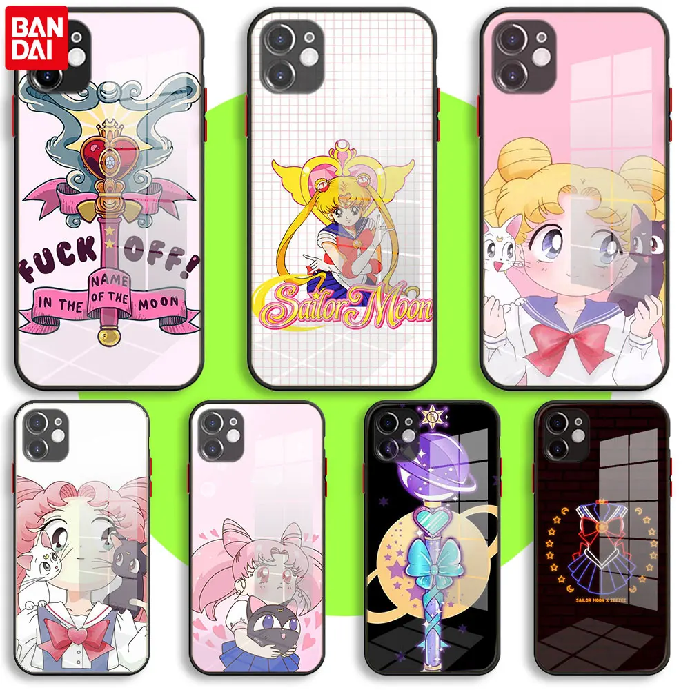 

BANDAI Black Soft Glass Case For iPhone 13 11 12 Mini Pro Max XS XR X 7 8 6 Plus SE2 Silicone Cover Beautiful Sailor Moon