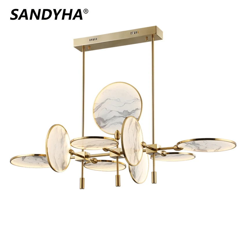 

SANDYHA Modern Vintage Led Pendant Lights Marble Round Fan Chandeliers for Home Decor Living Room Bedroom Suspension Design Lamp