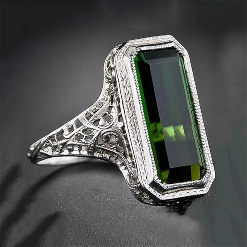 

Vintage Green Stone Ring Rectangle Sliver Color Women's Rings Elegant Hollow Pattern For Women Engagement Jewelry F3N543