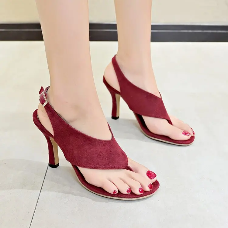 

2022 New Ladys Summer Sandals Thin High Heels Solid Sexy Women Shoes Pumps Wine Red Casual Medium Sandals Shoes Open Toe Shoes