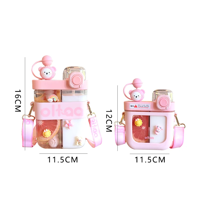 580/800 ML Kawaii Flat Water Bottles For Girls Kids Cute Plastic Tritan Double Drink Bottle With Strap Straw Filter BPA Free images - 6