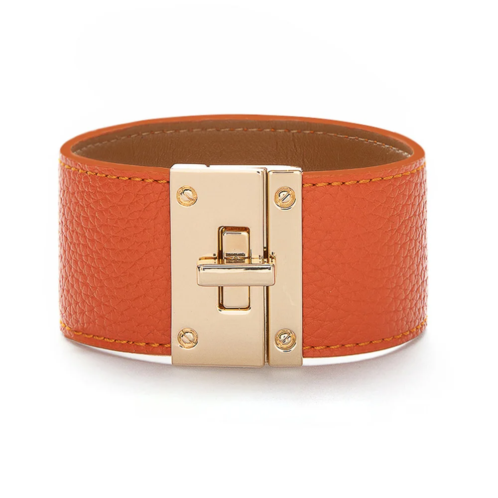 

Kirykle Kpop Multicolor Leather Bracelet for Women Luxury Simple Steel Lock Design Wide Charm Bracelets Punk Female Jewelry Gift