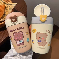 kawaii bear thermal mug stainless steel vacuum kids with straw water bottle for school thermos cup cute girl sippy drinking cups